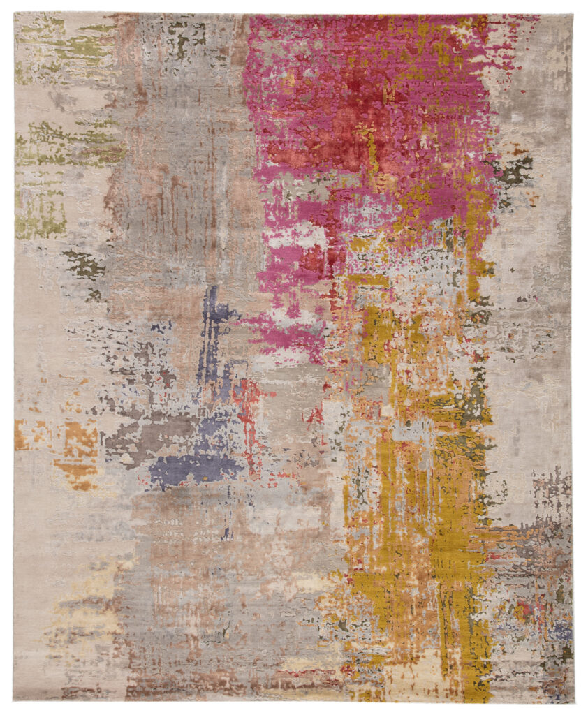 Abstract rug with blue, gray, pink, and yellow hues