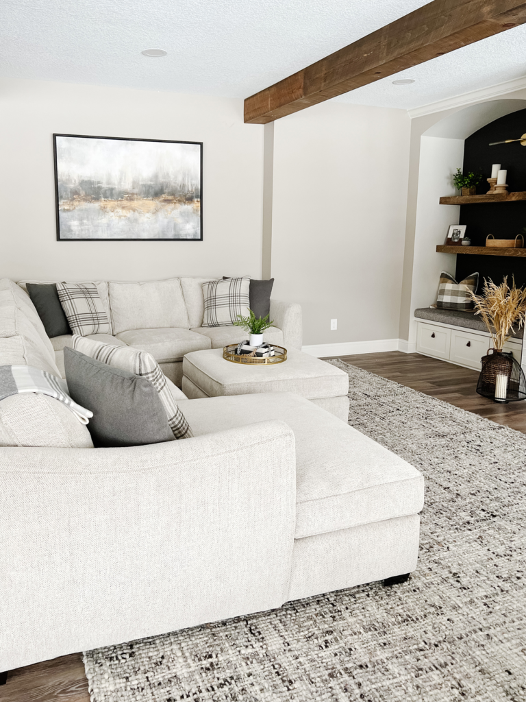A living room with a white couch and white and gray textured rug